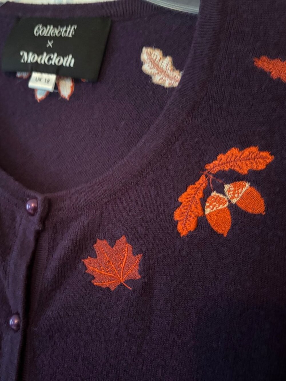 ModCloth x Collectif Purple/Orange Fall-Themed Cardigan - Picture 2 of 7